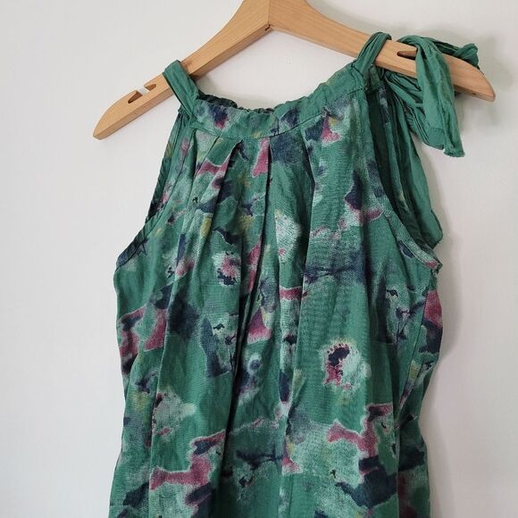 Italian New Mode SRL 100% Linen Green Abstract Mini Dress Adjustable S - Picture 3 of 7